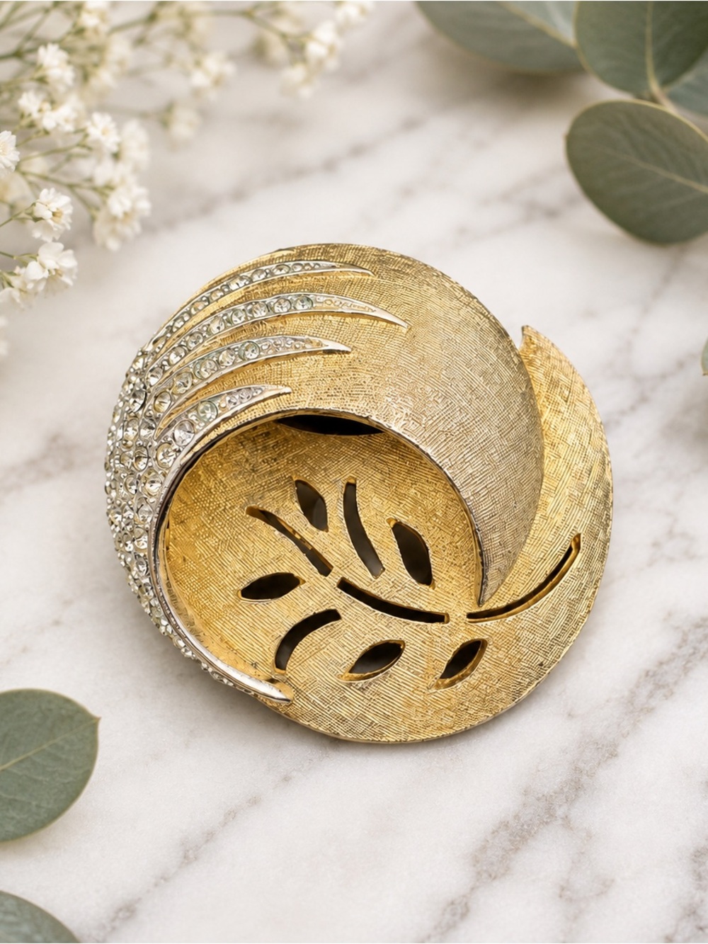 Vintage Gold Tone Rhinestone Swirl Leaf Brooch Pin